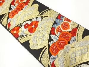 アンティーク　波に雲・菊桐模様織出し袋帯（着用可）